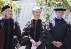 A photo of CSU Trustee Roberta Achtenberg, honorary degree recipient Adele Corvin and CSU Board of Trustees Chair A. Robert Linscheid.